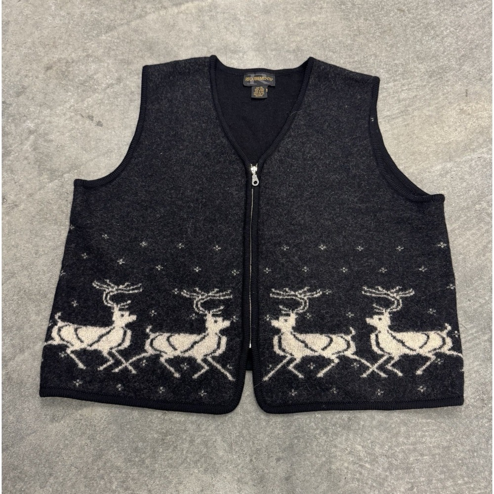 Requirements Women's Vest 100% Wool Charcoal W Reindeer Design Winter XL